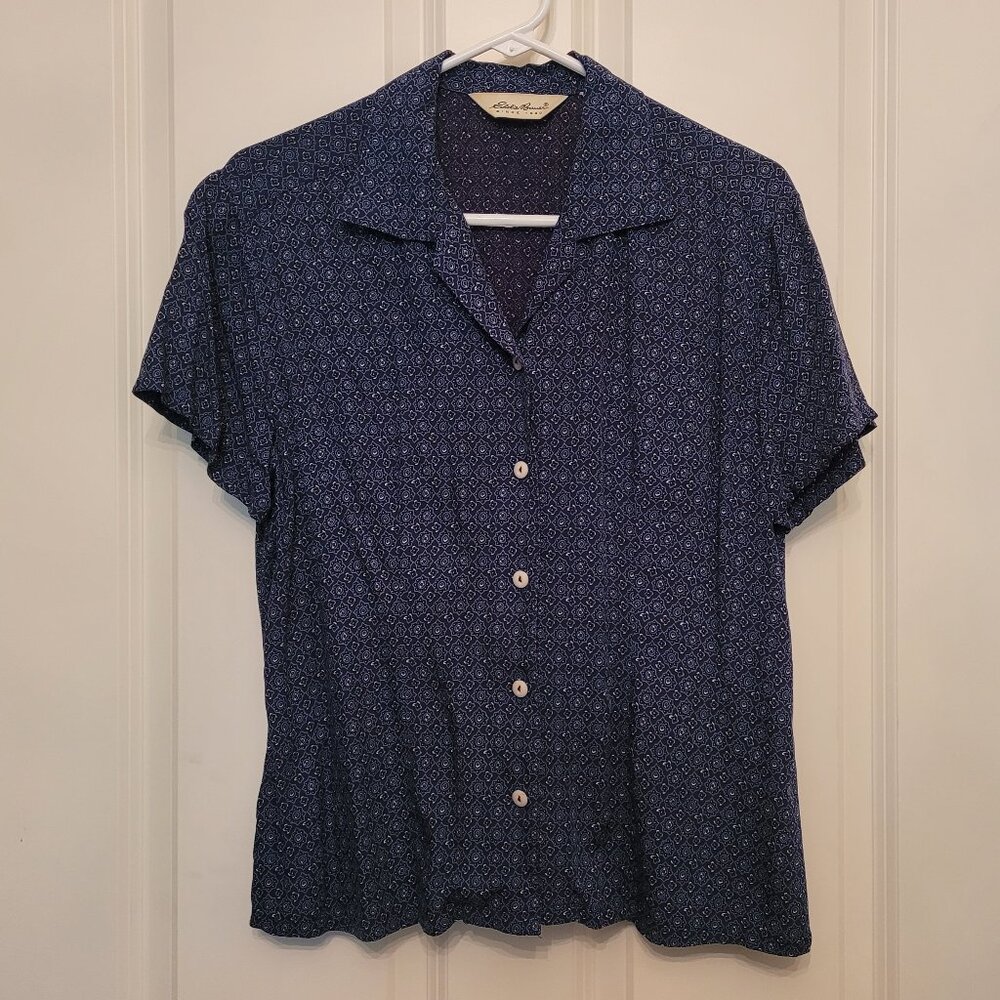 Eddie Bauer Navy Blue Print Short Sleeve Button Down Shirt